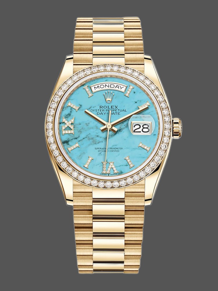 Rolex Day-Date 128348RBR Turquoise Diamond Dial Yellow Gold 36MM Unisex Replica Watch