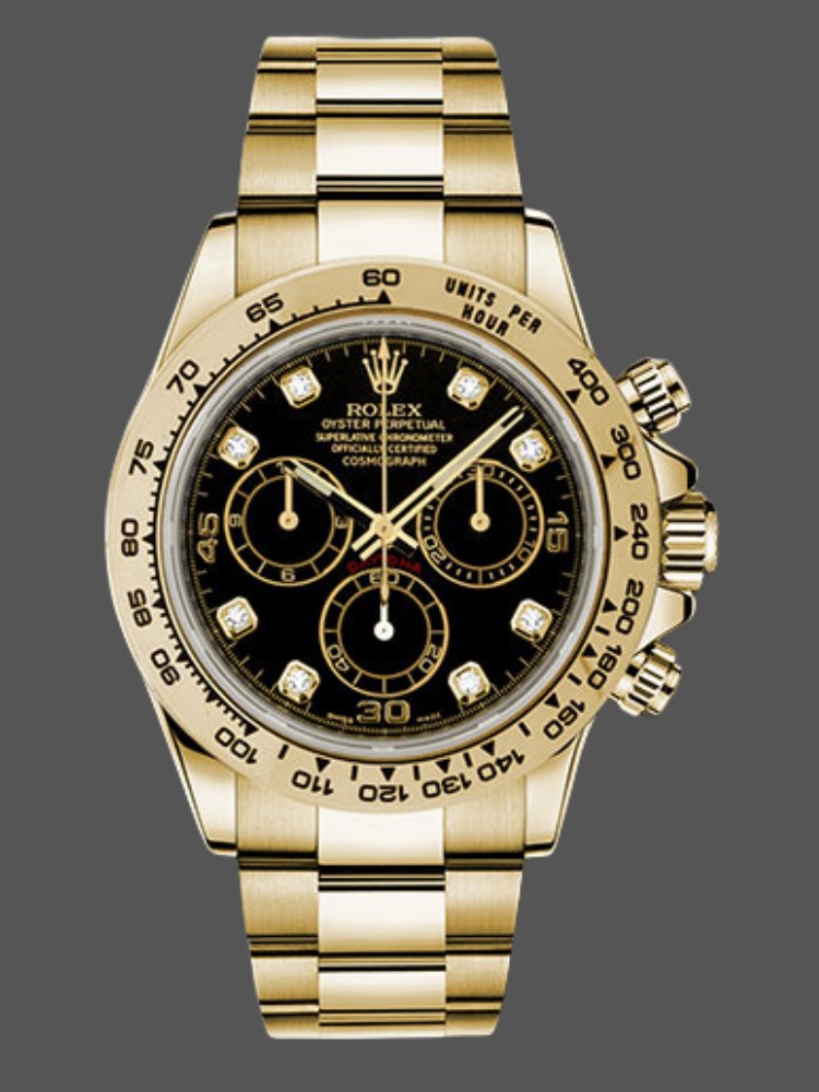 Rolex Daytona 116508 Yellow Gold Black Diamond Dial 40MM Mens Replica Watch