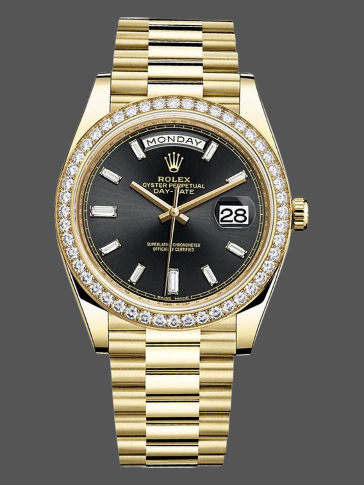 Rolex Day-Date 228348RBR Black Diamond Dial Diamond Bezel 40mm Mens Replica Watch