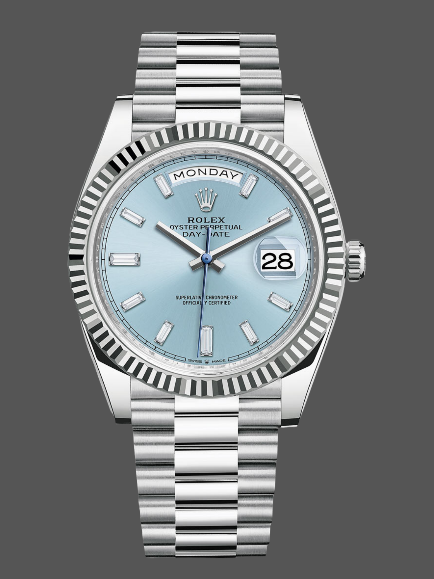 Rolex Day Date 40mm Platinum 228236 Ice Blue Baguette