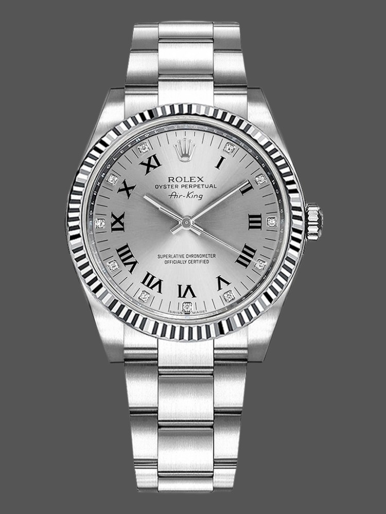 Rolex Oyster Perpetual Air-King 114234 Silver Roman Diamond Dial 34mm Unisex Replica Watch