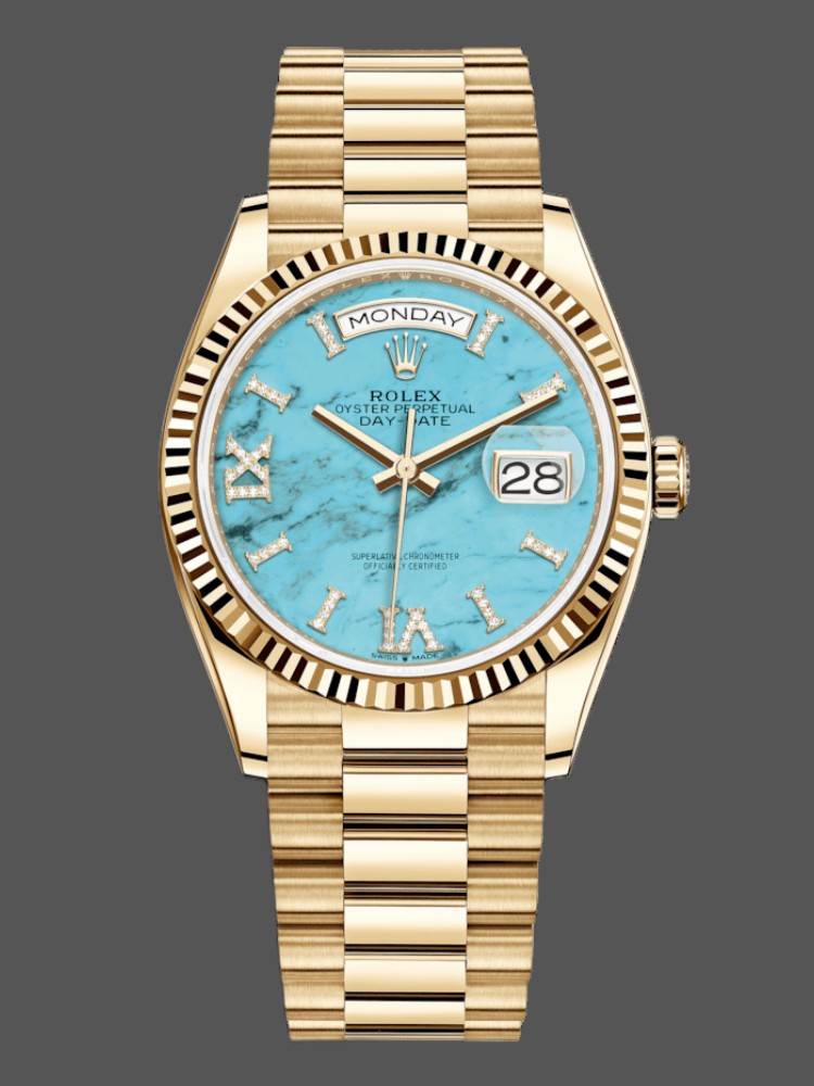 Rolex Day-Date 128238 Fluted Bezel Turquoise Diamond Dial 36MM Unisex Replica Watch