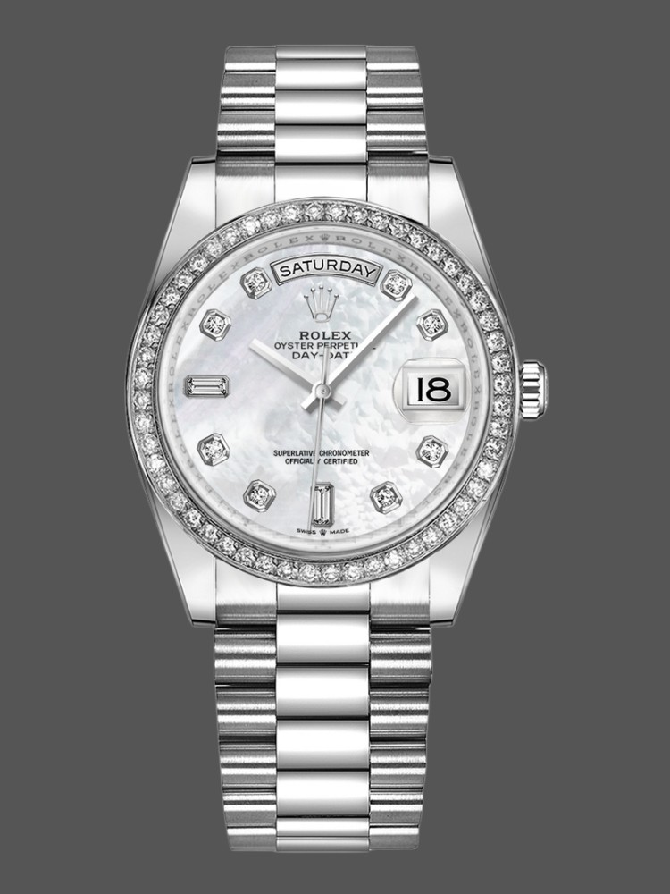 Rolex Day-Date 128349RBR White Mother of Pearl Dial Diamond Bezel 36MM Unisex Replica Watch