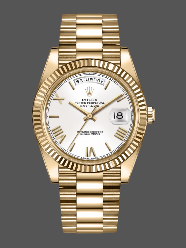 Rolex Day-Date 228238 White Roman Dial Fluted Bezel 40mm Mens Replica Watch