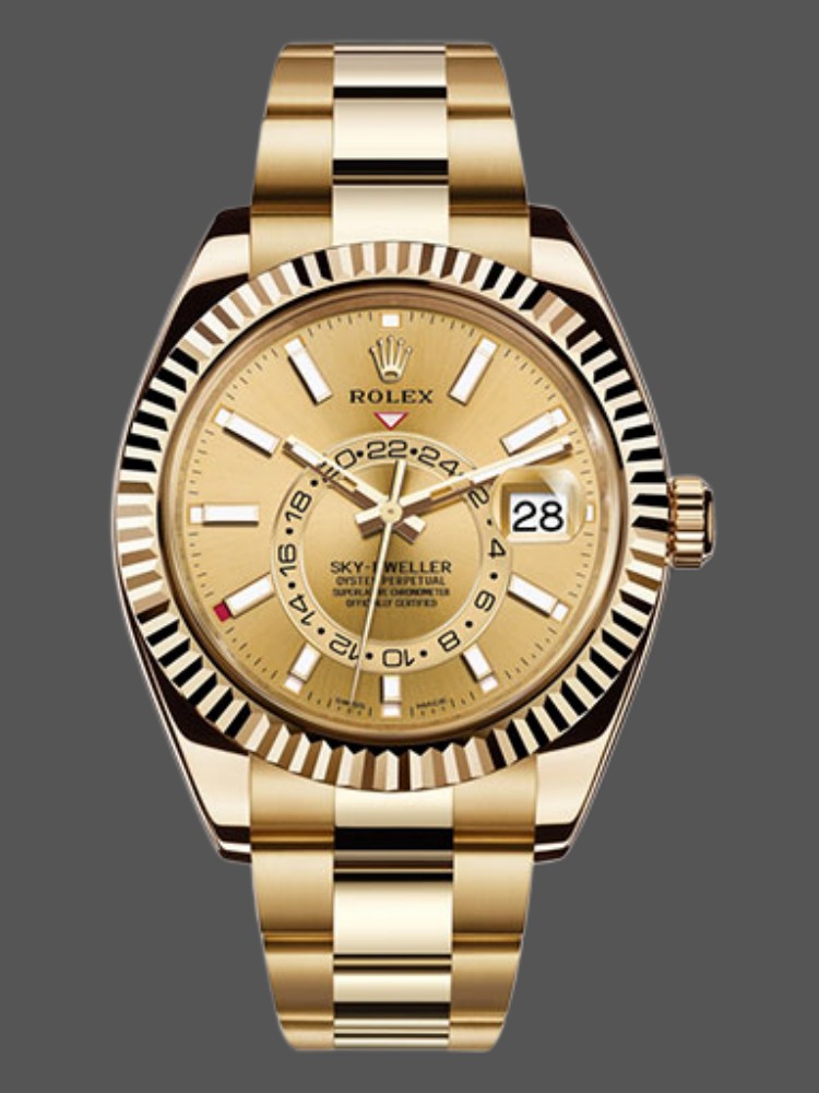 Rolex Sky-Dweller 326938 Yellow Gold Champagne Dial 42mm Mens Replica Watch
