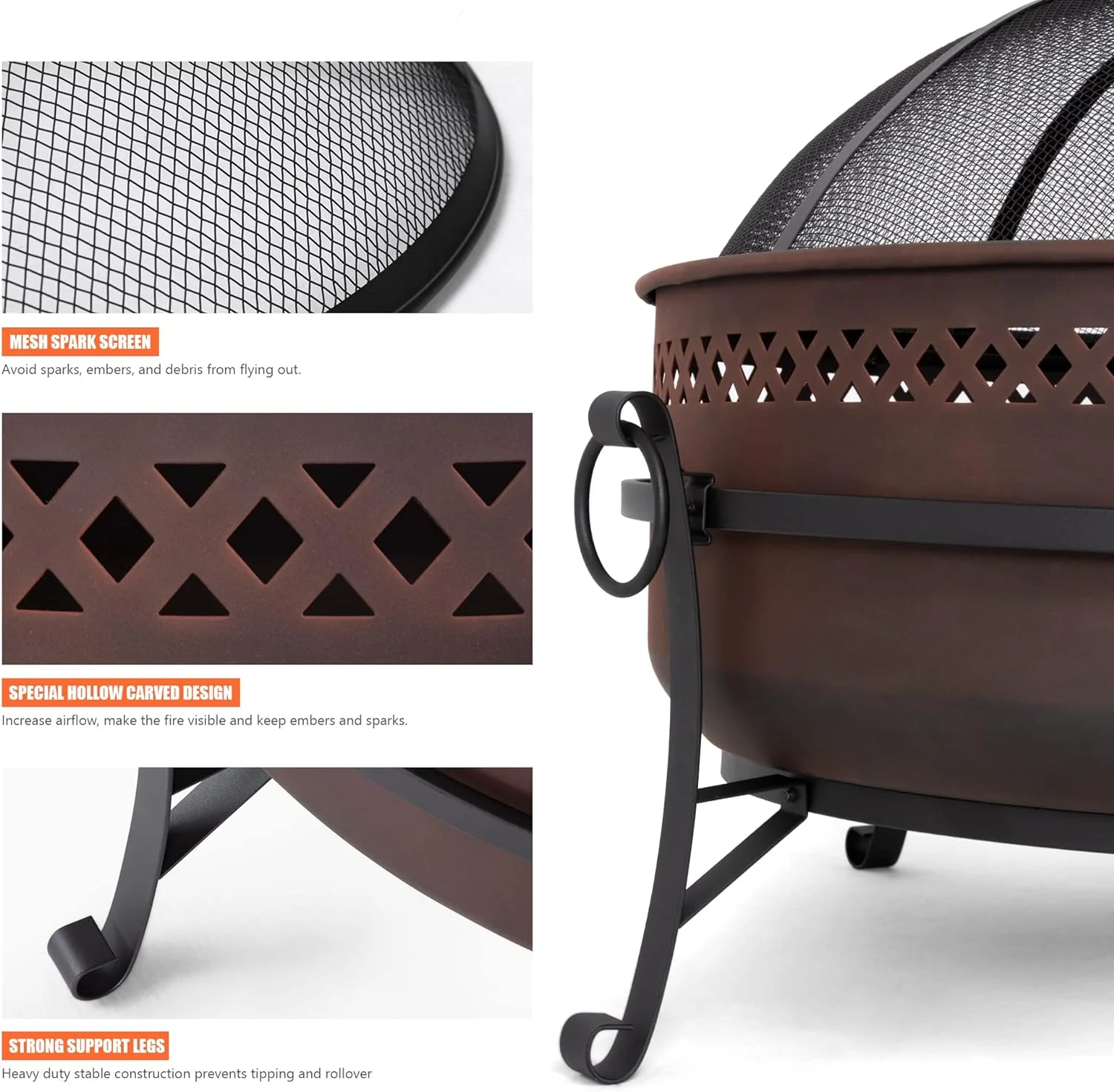 SUNCREAT 42” Patio Fire Pit Wood Burning with Mesh Spark Screen, Bonfire Outdoor firepit with Fireplace Poker, Black