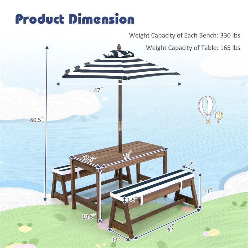 Wooden Kids Picnic Table Bench Set Children Outdoor Activity Table with Cushions & Height Adjustable Umbrella