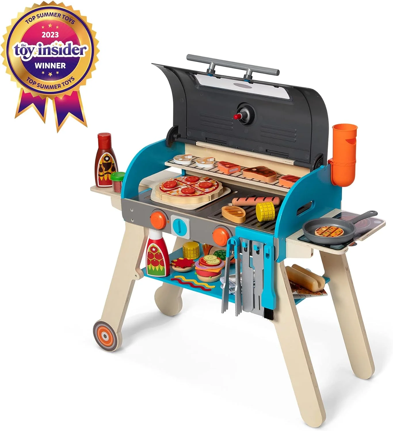 Wooden Luxury Grill, Smoker and Pizza Oven Toy Food Toy for Kids Pretend Cooking