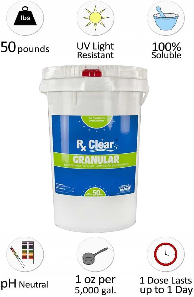 Clear Stabilized Granular Chlorine | One 50-Pound Bucket | Use As Bactericide, Algaecide, and Disinfectant in Swimming Pools and Spas | Fast Dissolving and UV Protected