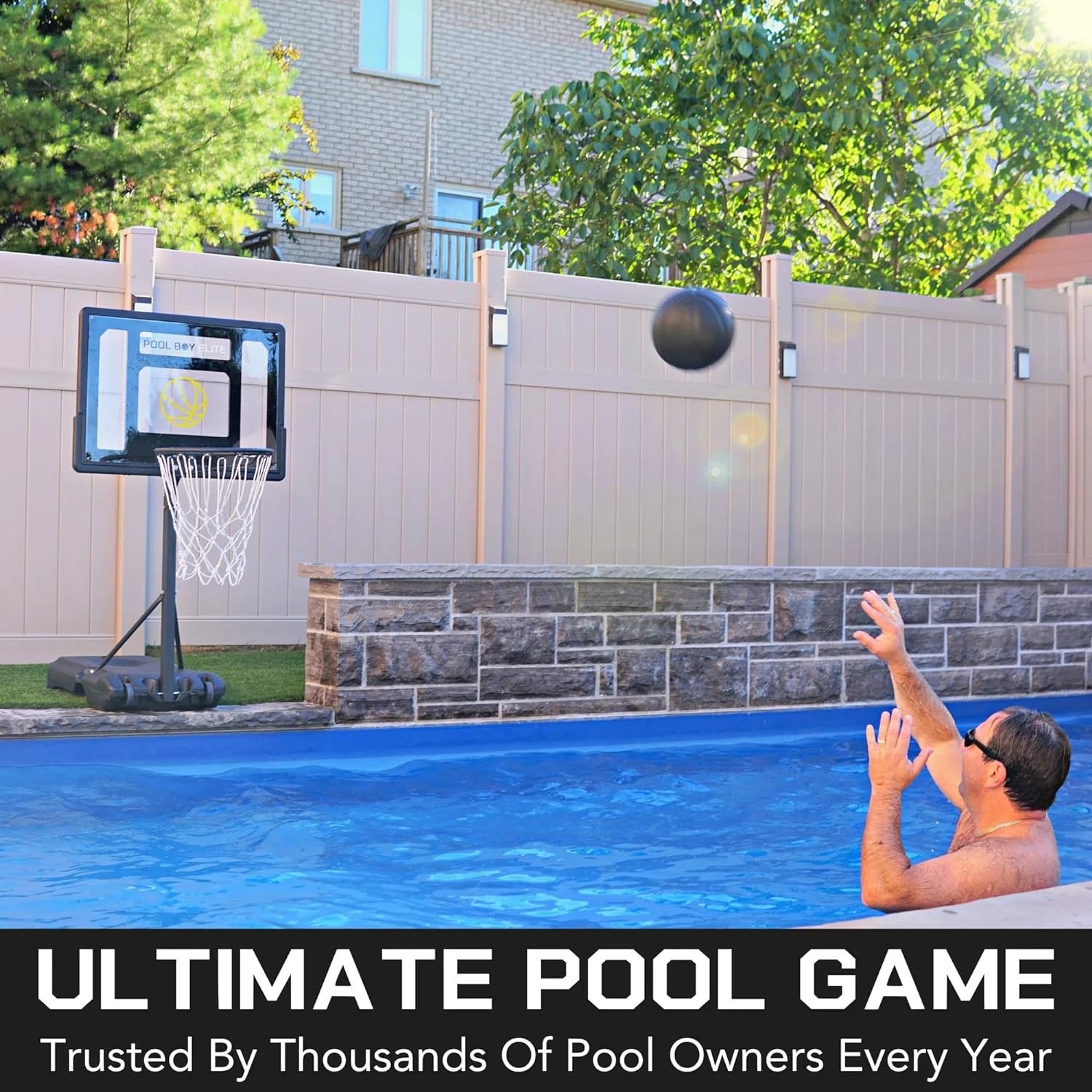 All-In-One Pool Basketball Hoop - Includes Composite Basketball, Air Pump, & Tools - Matte Black Heavy Duty Set - Adjustable Poolside Basketball Goal - Made for Kids, Teens, & Adults