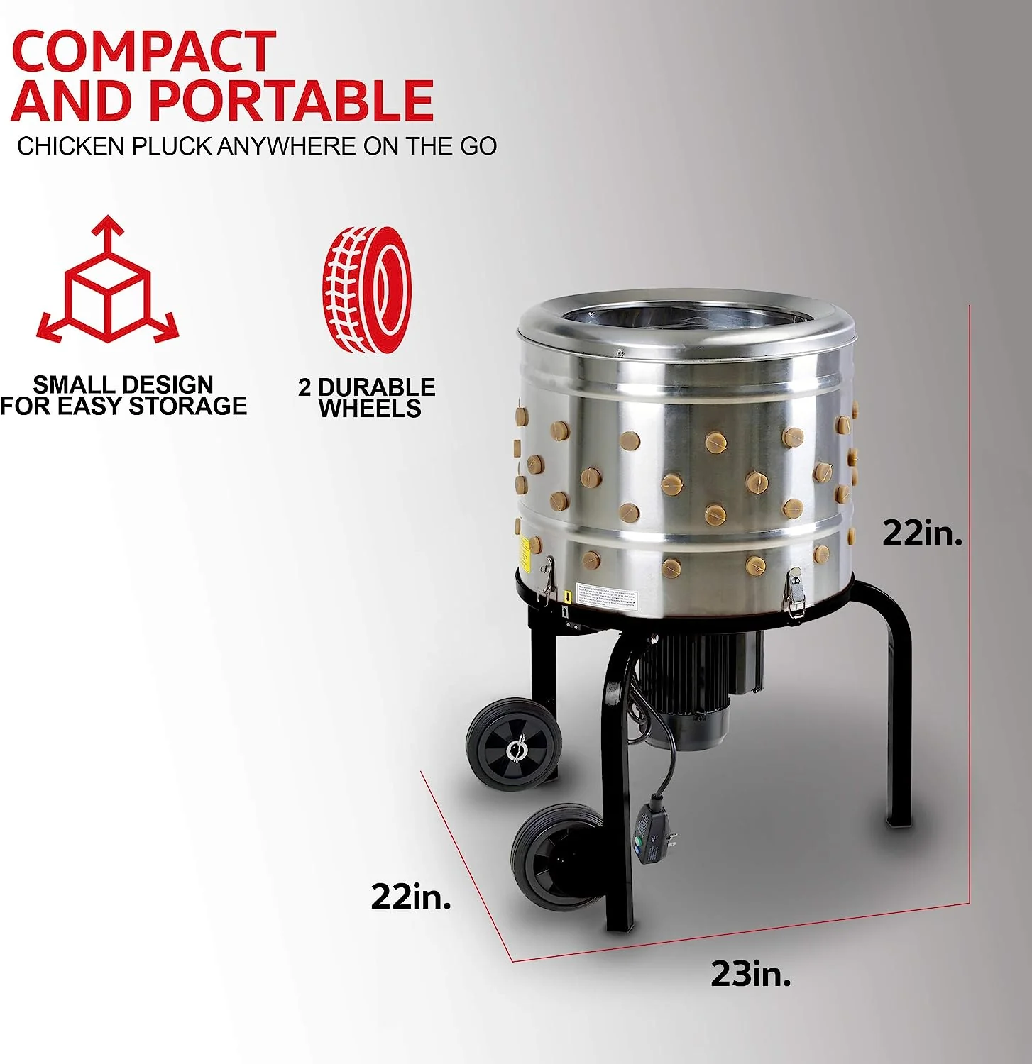 Kitchener Chicken Plucker De-Feather Remover Poultry and Fowl Food Processor Electric Stainless Steel Heavy Duty 1HP 120VAC 280RPM GFCI Connector 92 Soft Fingers 20