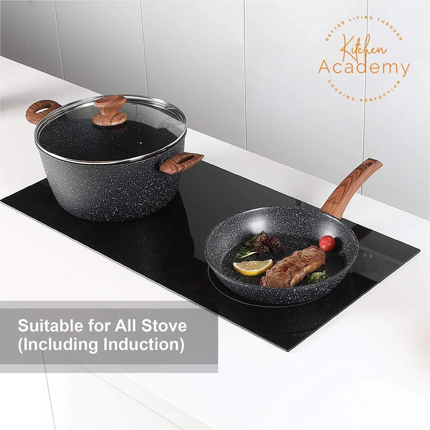 Kitchen Academy Induction Cookware Sets - 12 Piece Green Cooking Pan Set, Granite Nonstick Pots and Pans Set