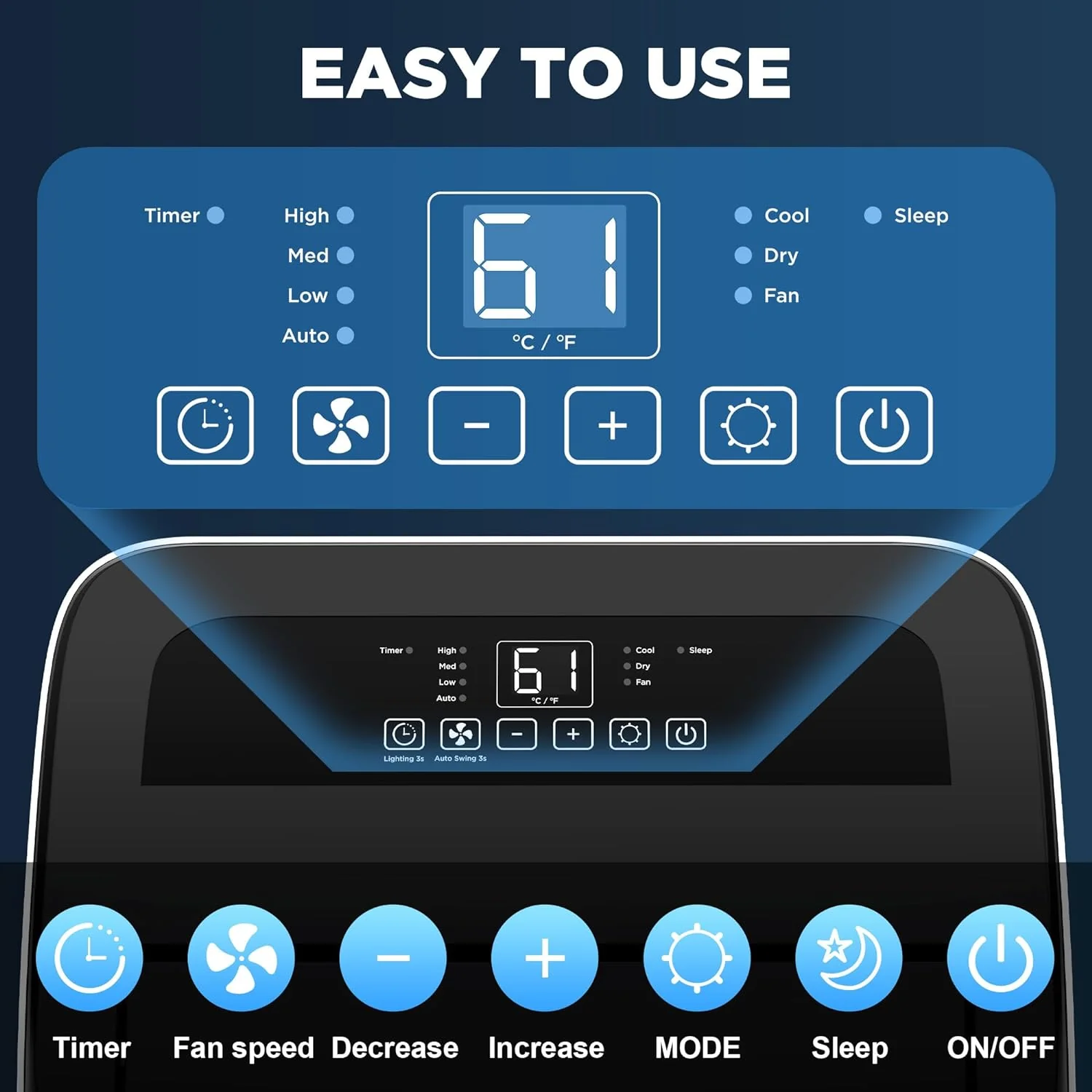 Portable Air Conditioners with Remote Control, 3-in-1 Free Standing Cooling AC Unit with Fan & Dehumidifier, Cools Room up to 700 sq.ft, Smart/Sleep Mode,3 Speed,Auto Swing,24H Timer