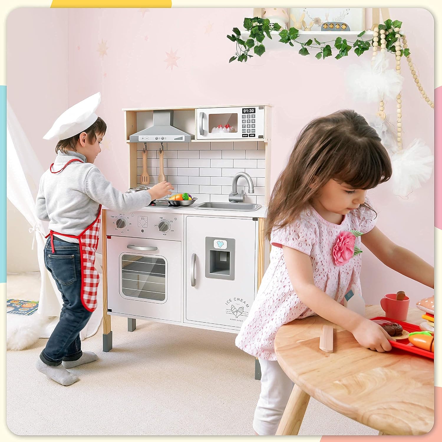 Children's small land play kitchen, wooden children's play kitchen toy set