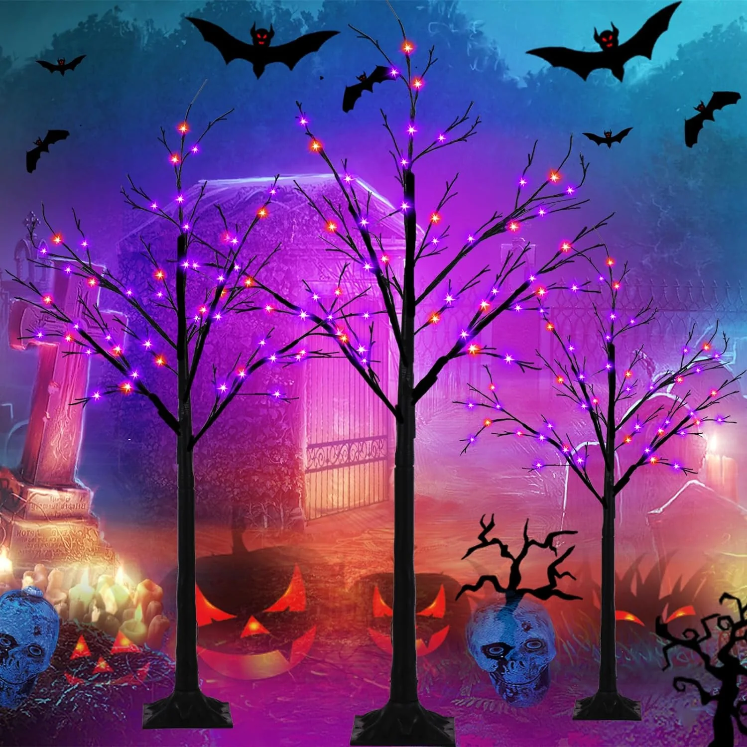 Set of 3 Glowing Black Halloween Trees with 96 LED Lights
