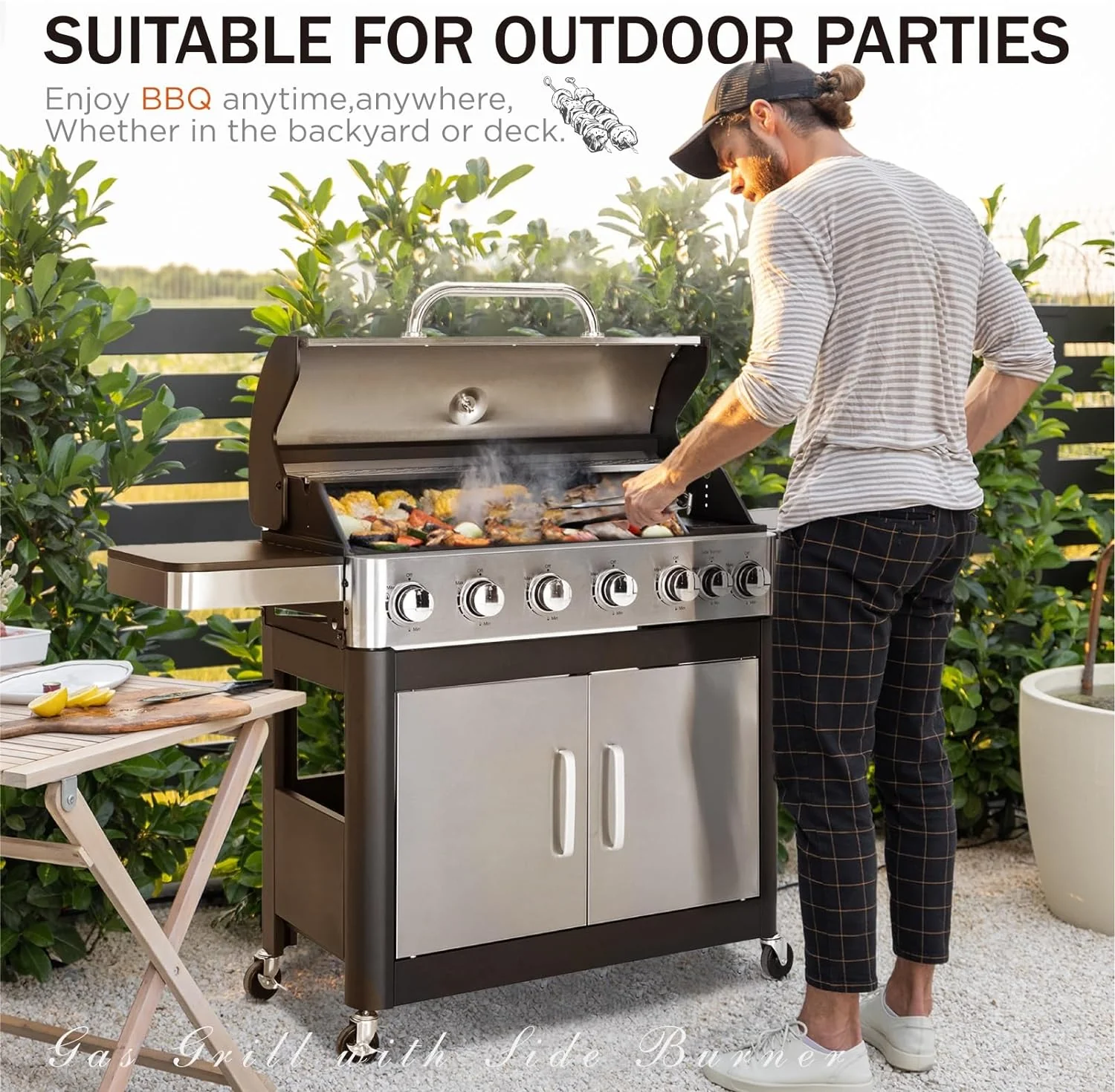 Burner Gas grill with side burner and enameled cast iron grille 42,000BTU outdoor cooking stainless steel propane grill Garden grill, silver