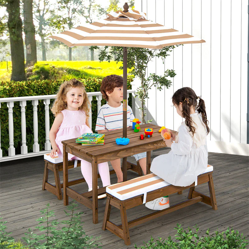 Wooden Kids Picnic Table Bench Set Children Outdoor Activity Table with Cushions & Height Adjustable Umbrella