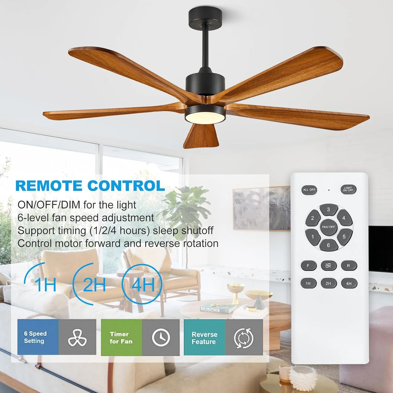 Ceiling Fans with Lights, 60 inch Outdoor Ceiling Fans with Lights for Patio and Remote Control, Modern Ceiling Fan with Light, 5 Solid Wood Blades 6-Speed Reversible DC Motor (Dark Brown)