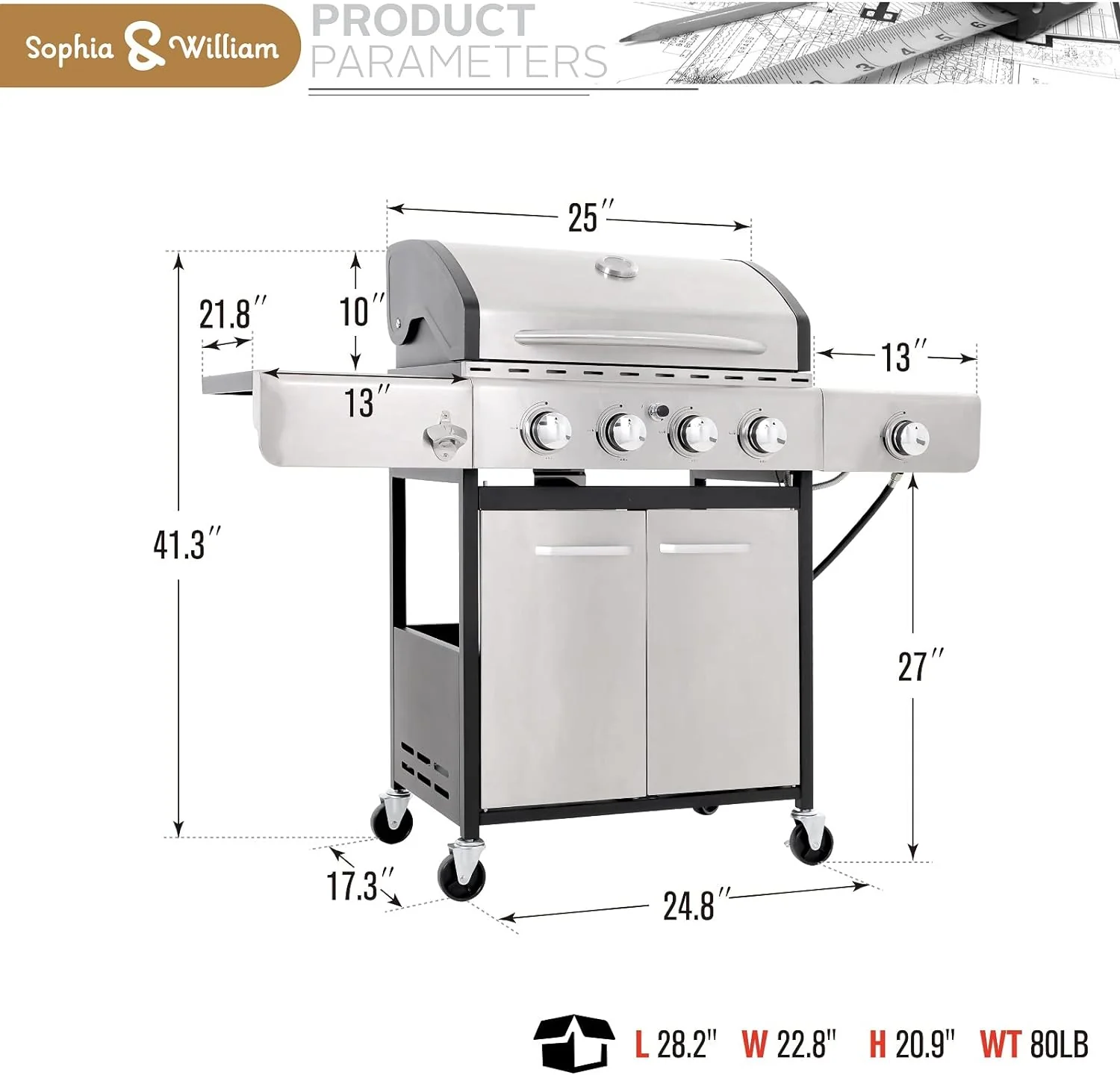 Burner Gas grill with side burner and enameled cast iron grille 42,000BTU outdoor cooking stainless steel propane grill Garden grill, silver