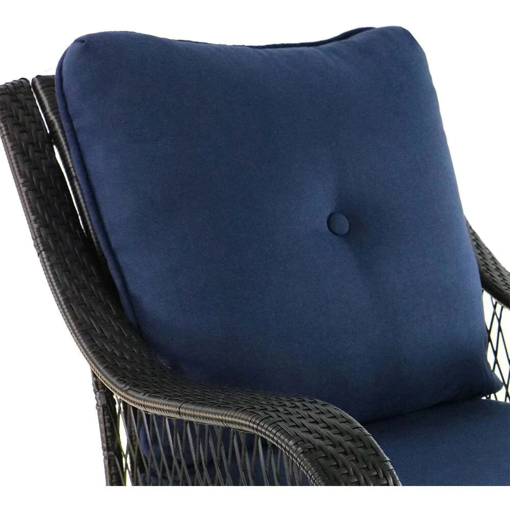 5-Piece Steel Patio Fire Pit Conversation Set with Navy Blue Cushions, Swivel Gliders and Square Fire Pit Table