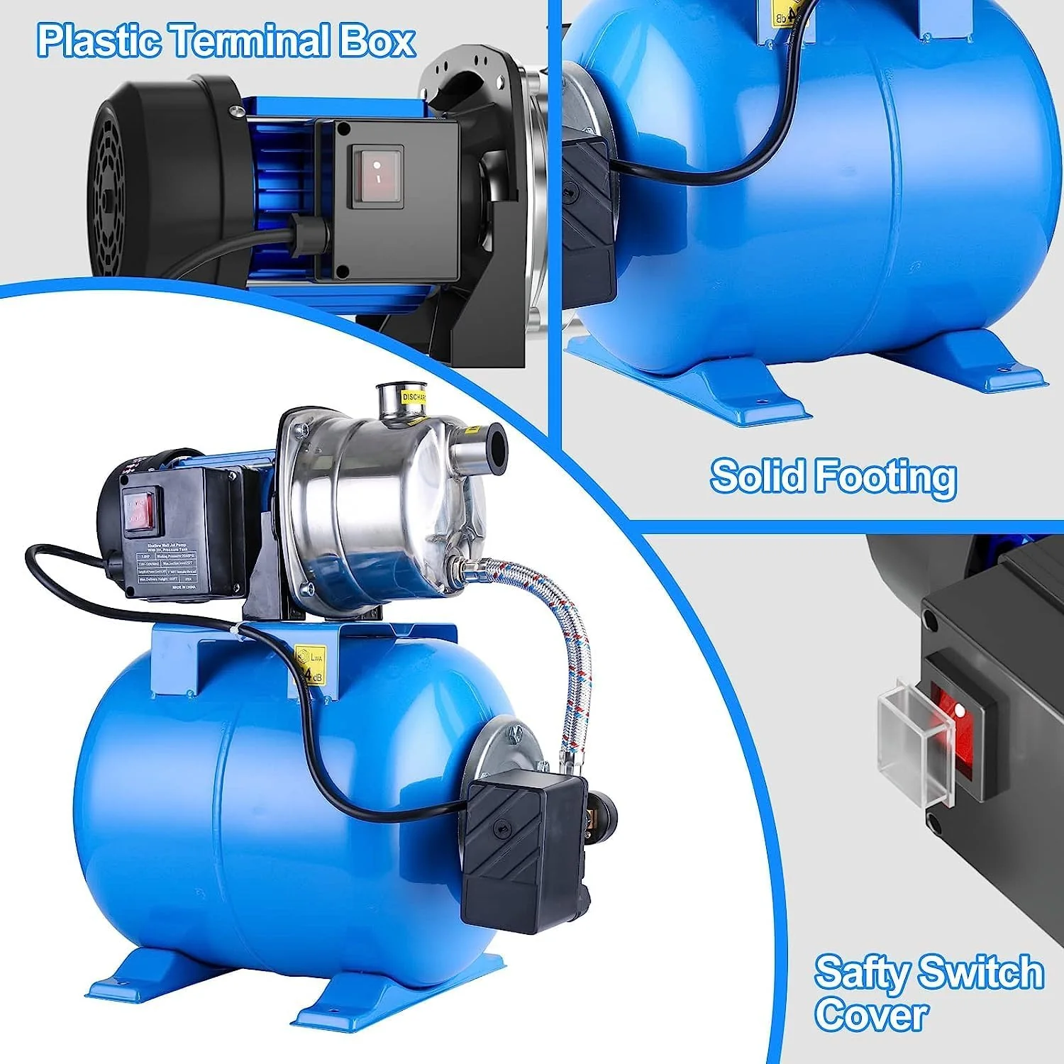 1.6HP Shallow Well Pump with Pressure Tank 1268 GPH Stainless Steel Jet Pump Transfer Drainage Booster Pump Garden Sprinkler System Water Pump for Home Garden Lawn Irrigation