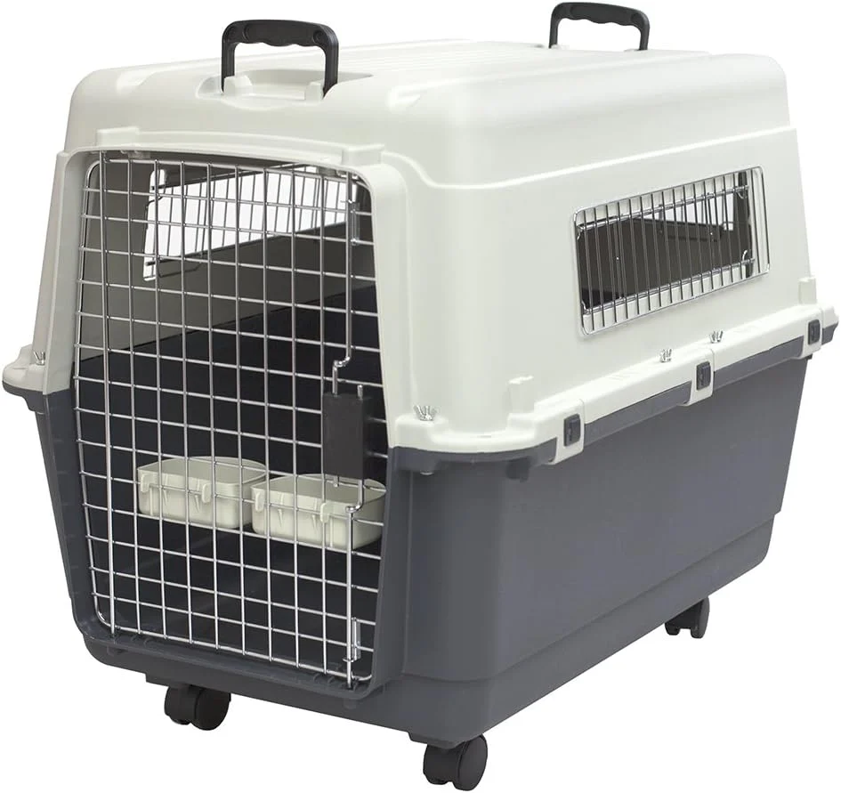 SportPet Designs Plastic Kennels Rolling Plastic Airline Approved Wire Door Travel Dog Crate, XXX-Large, Gray