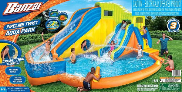 BANZAI Pipeline Twist Kids Inflatable Outdoor Backyard Water Pool Aqua Splash Park and Slides