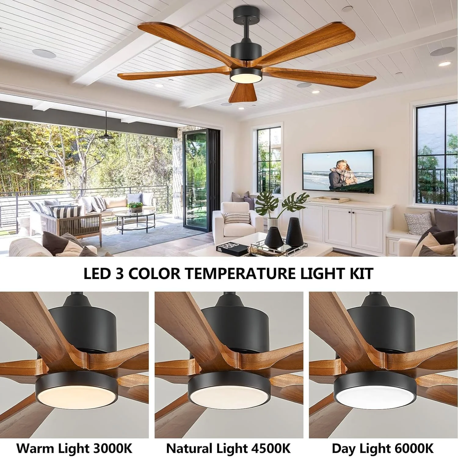 Ceiling Fans with Lights, 60 inch Outdoor Ceiling Fans with Lights for Patio and Remote Control, Modern Ceiling Fan with Light, 5 Solid Wood Blades 6-Speed Reversible DC Motor (Dark Brown)