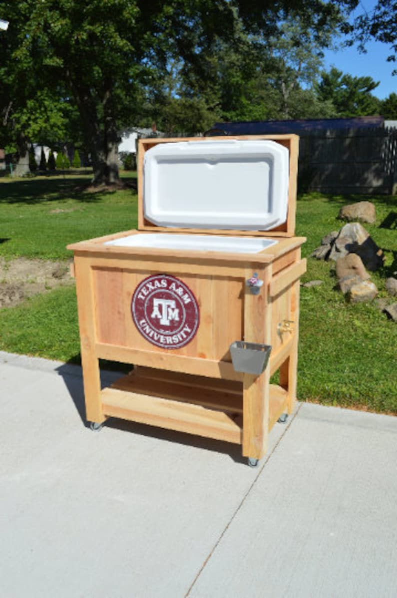 All Weather 48 Quart Antiqued Cedar Cooler Stand with Brass Drain, Bottle Opener and Cap Catcher, Beer Cooler.