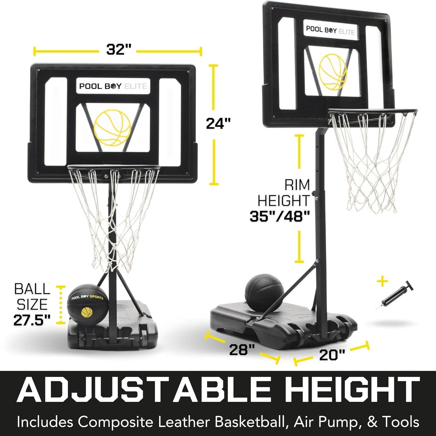 All-In-One Pool Basketball Hoop - Includes Composite Basketball, Air Pump, & Tools - Matte Black Heavy Duty Set - Adjustable Poolside Basketball Goal - Made for Kids, Teens, & Adults