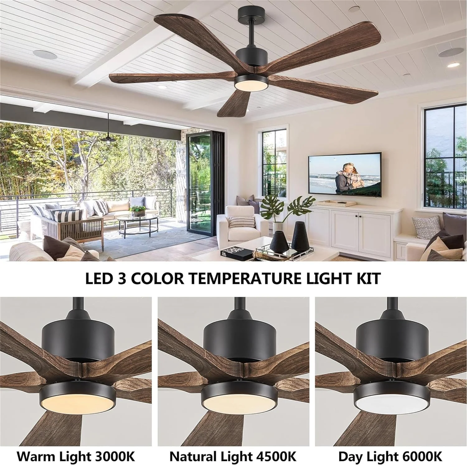 Ceiling Fans with Lights, 60 inch Outdoor Ceiling Fans with Lights for Patio and Remote Control, Modern Ceiling Fan with Light, 5 Solid Wood Blades 6-Speed Reversible DC Motor (Dark Brown)