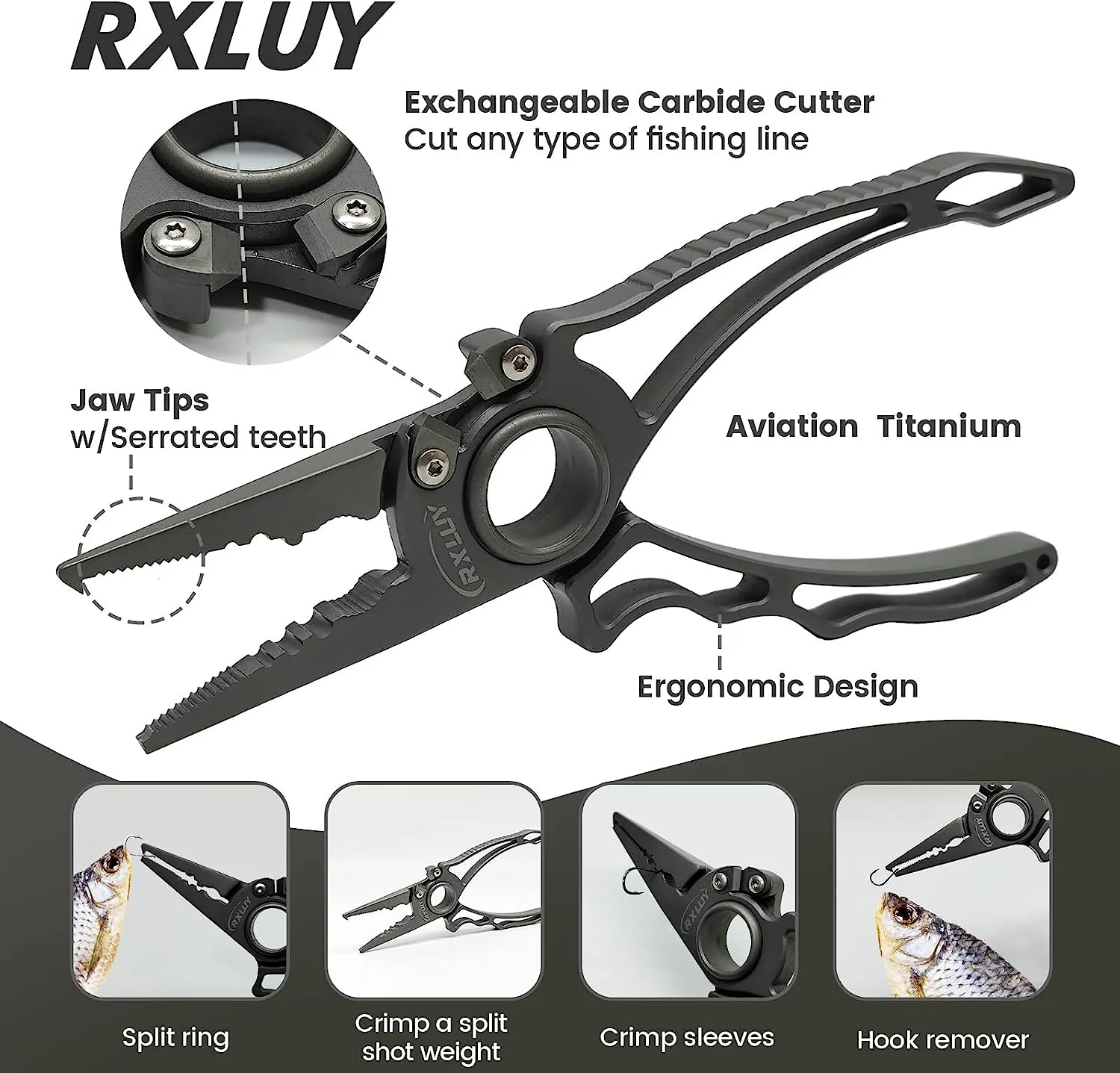 RXLUY Titanium Fishing Pliers, Premium Saltwater Fishing Gear, Tungsten Cutters, Split Ring Hook Remover, Knot Tying Tool with Lanyard, Ice Fishing, Sea Fishing Kit Gifts for Men