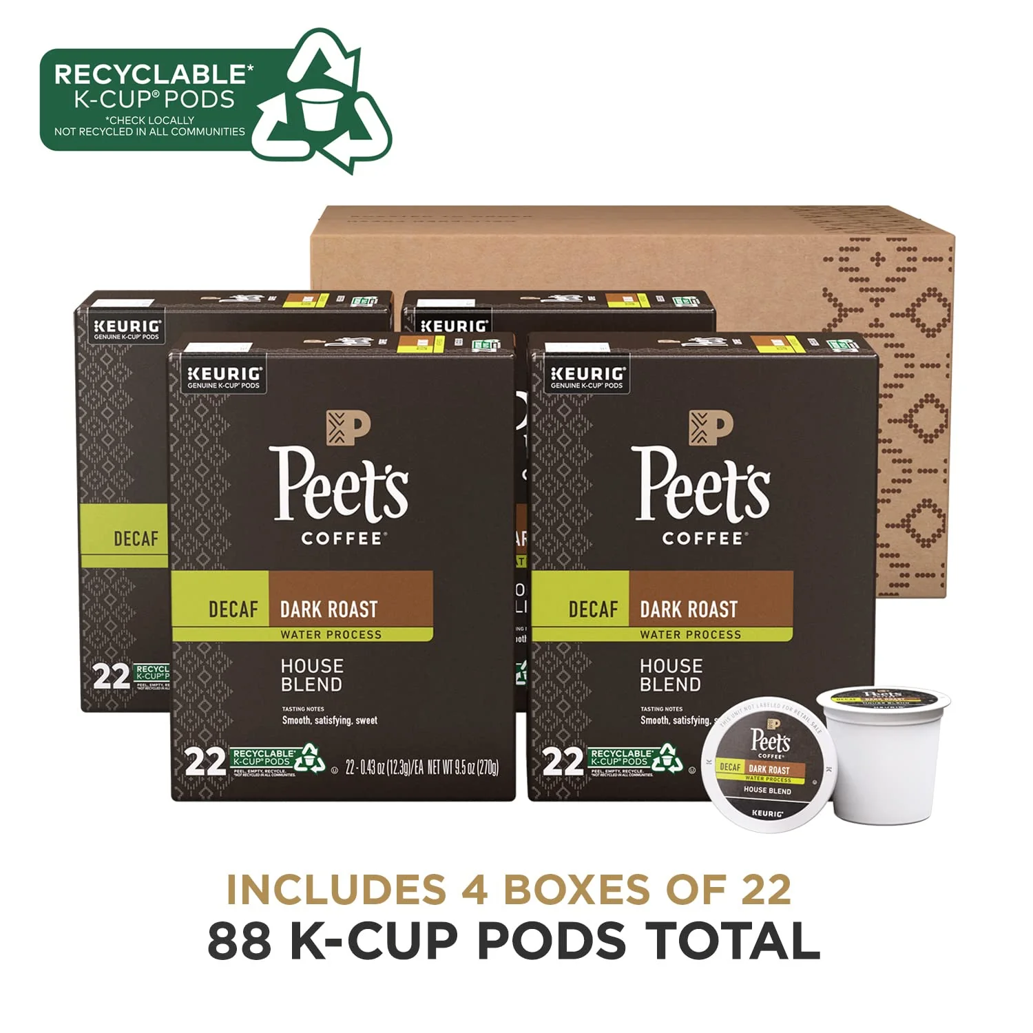 Peet's Coffee Dark Roast Decaffeinated Coffee Decaf House Blend 88 Count (4 Boxes of 22 K-Cup Pods)