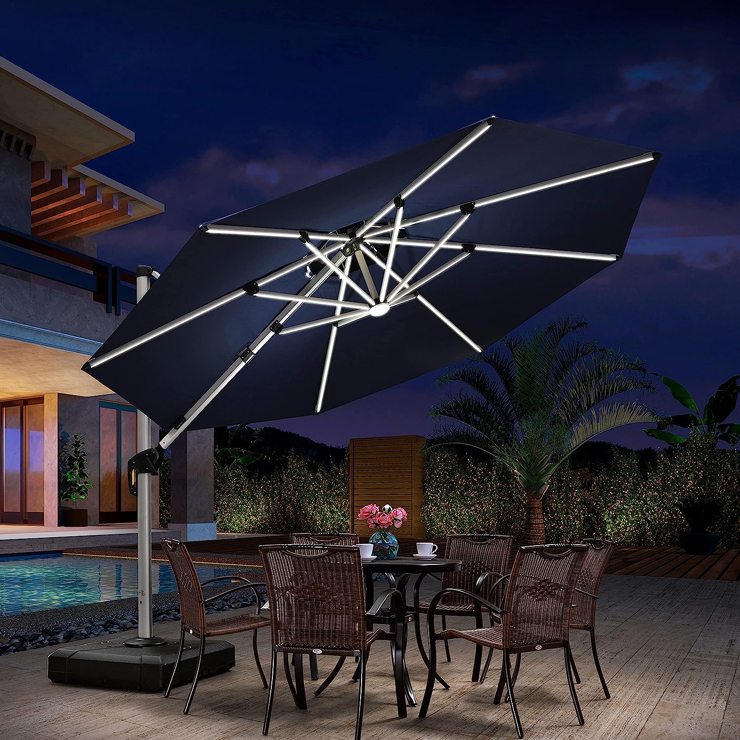 12ft Solar LED Patio Umbrella Outdoor Round Umbrella Large Cantilever Umbrella with LED Lights Windproof Bias Umbrella Heavy Duty Parasol for Garden Deck Pool Patio