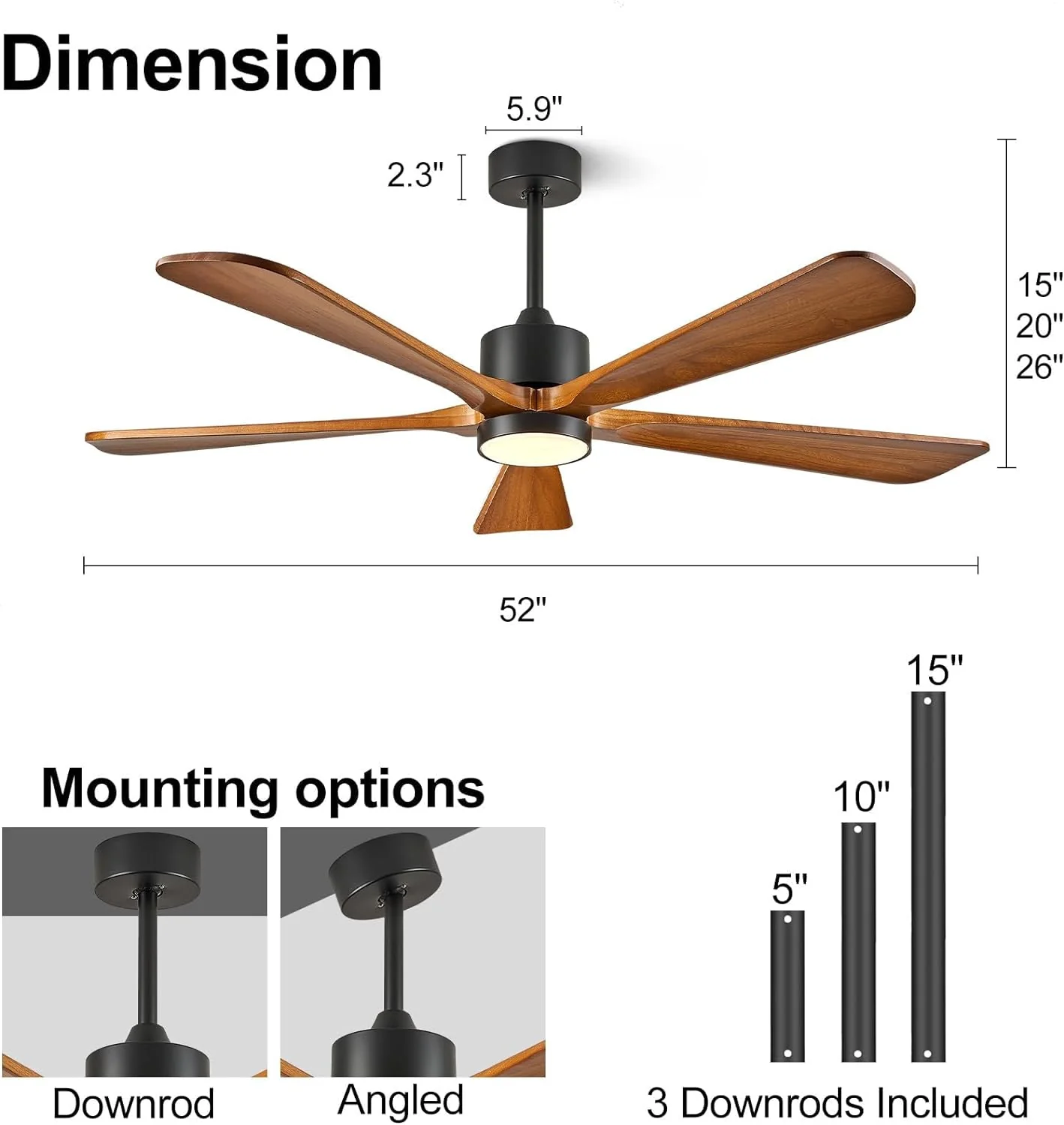 Ceiling Fans with Lights, 60 inch Outdoor Ceiling Fans with Lights for Patio and Remote Control, Modern Ceiling Fan with Light, 5 Solid Wood Blades 6-Speed Reversible DC Motor (Dark Brown)