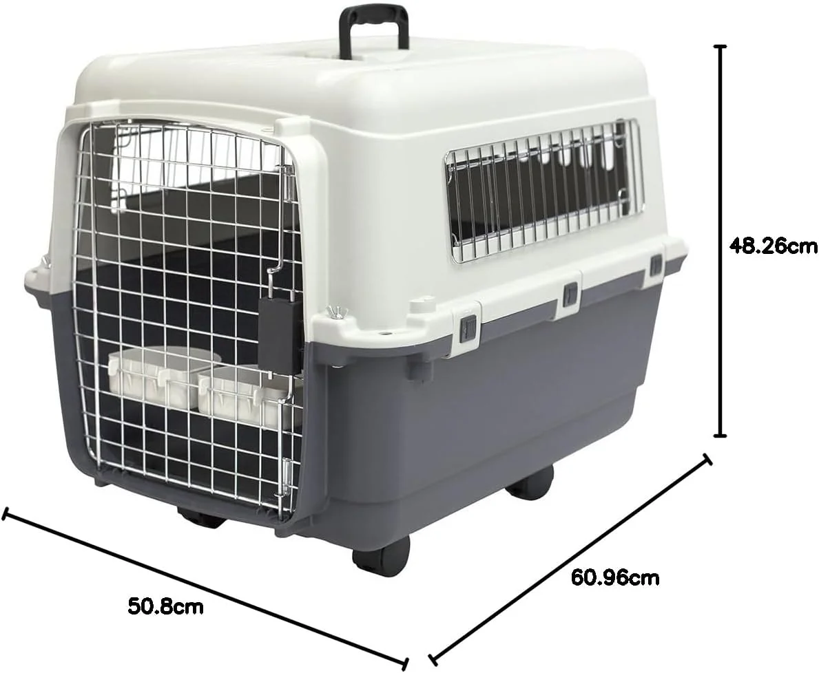 SportPet Designs Plastic Kennels Rolling Plastic Airline Approved Wire Door Travel Dog Crate, XXX-Large, Gray