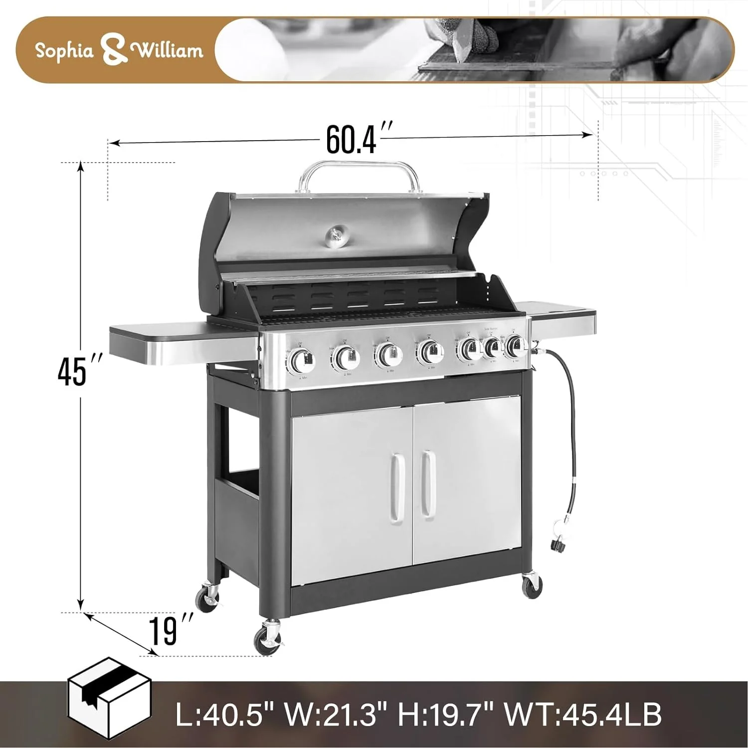 Burner Gas grill with side burner and enameled cast iron grille 42,000BTU outdoor cooking stainless steel propane grill Garden grill, silver