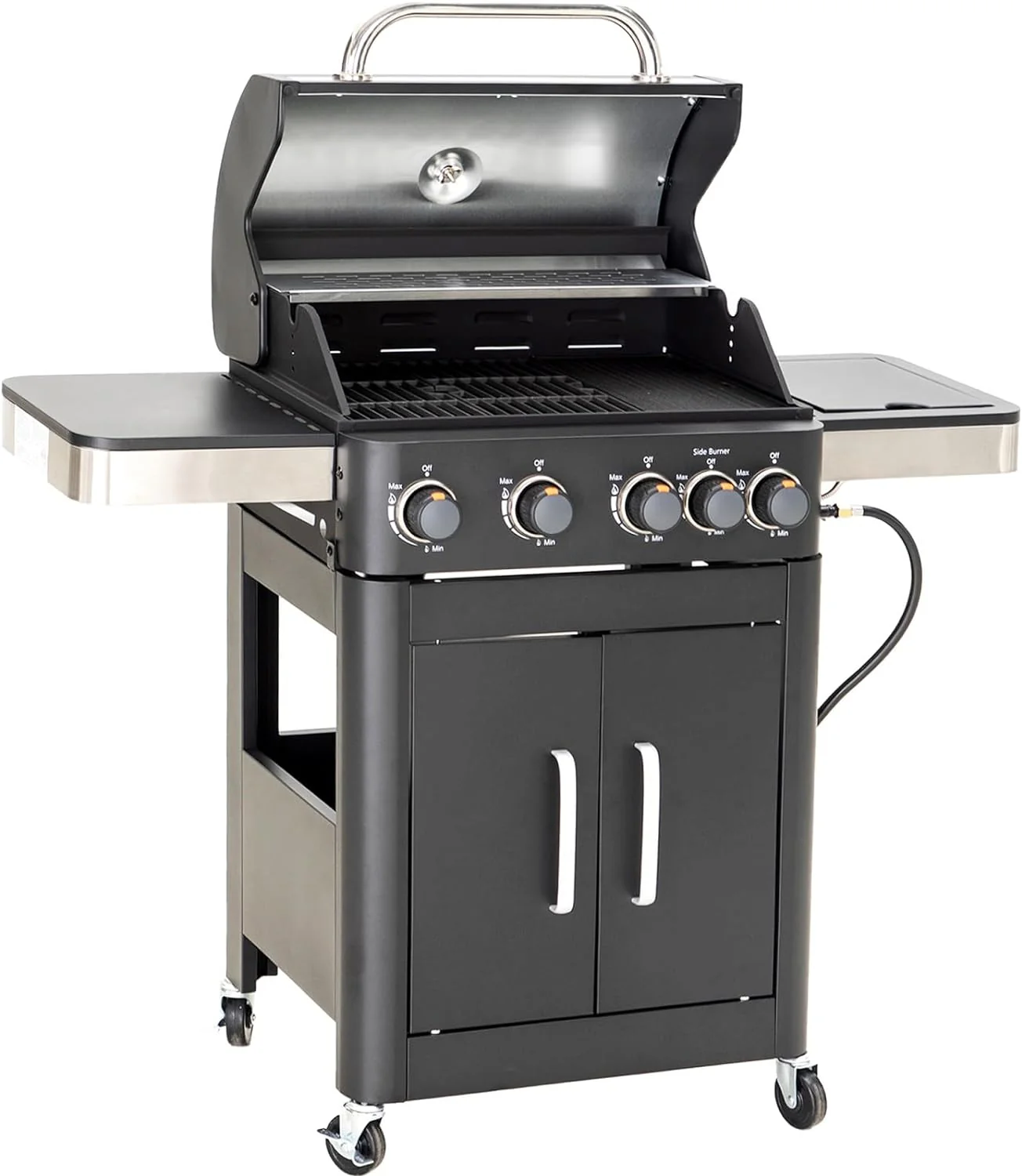 Burner Gas grill with side burner and enameled cast iron grille 42,000BTU outdoor cooking stainless steel propane grill Garden grill, silver