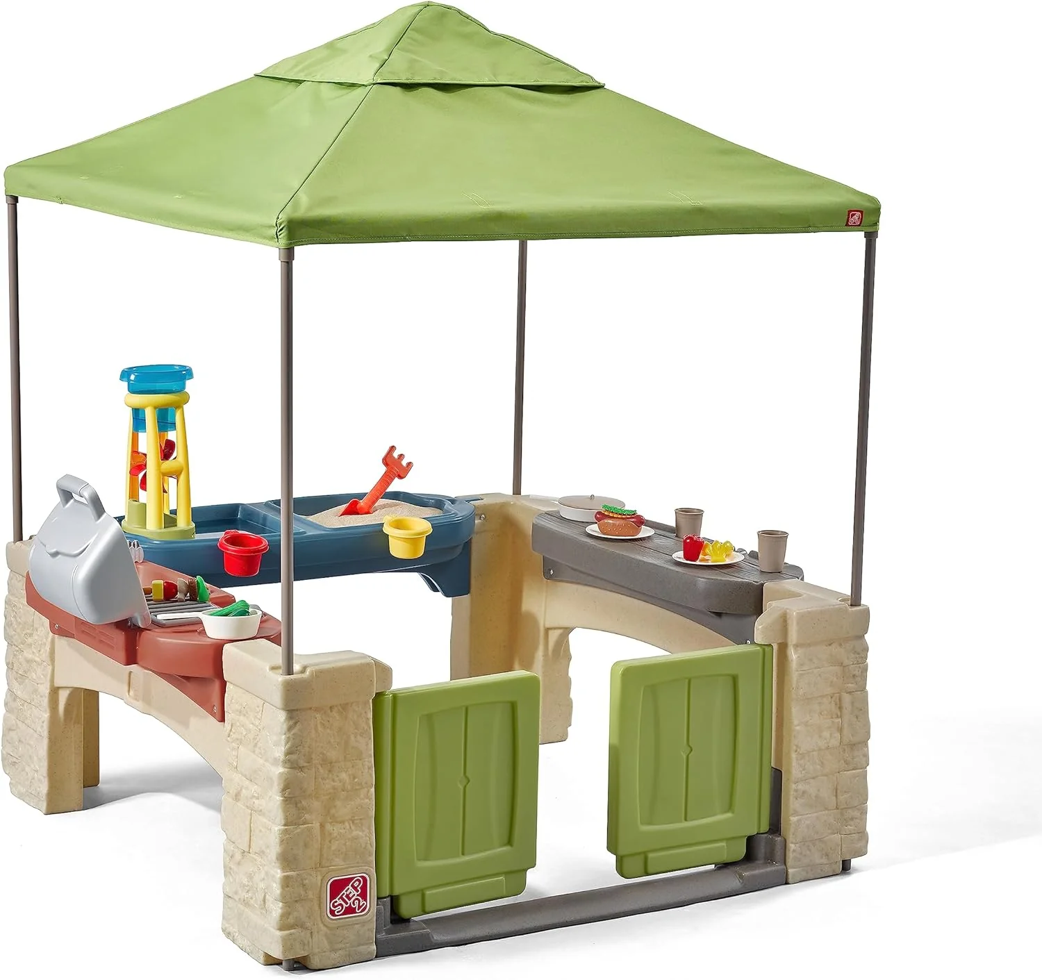 All-round play patio with canopy, kids indoor and outdoor kitchen play set