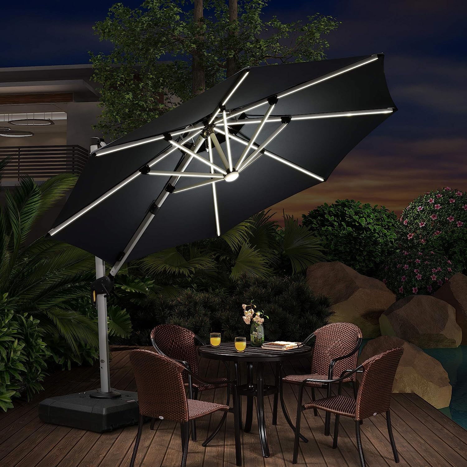 12ft Solar LED Patio Umbrella Outdoor Round Umbrella Large Cantilever Umbrella with LED Lights Windproof Bias Umbrella Heavy Duty Parasol for Garden Deck Pool Patio