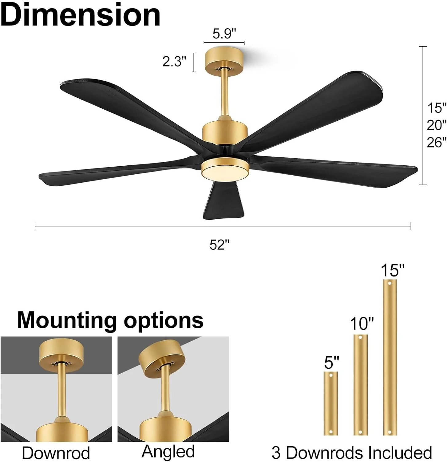Ceiling Fans with Lights, 60 inch Outdoor Ceiling Fans with Lights for Patio and Remote Control, Modern Ceiling Fan with Light, 5 Solid Wood Blades 6-Speed Reversible DC Motor (Dark Brown)