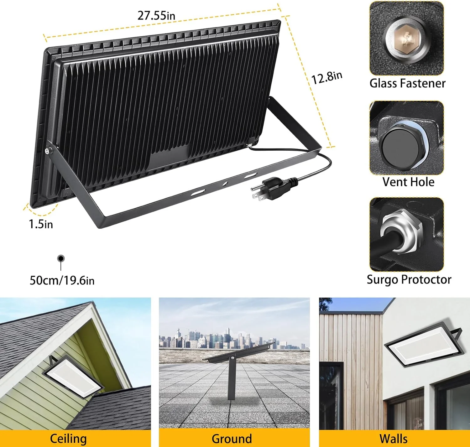 3 Pack 200W LED Flood Light,Super Bright Exterior Security Lights With Plug,IP66 Waterproof Outdoor Flood Light, 22800lm 5000K Daylight White Floodlight for Yard, Garden,Basketball Court, Arena