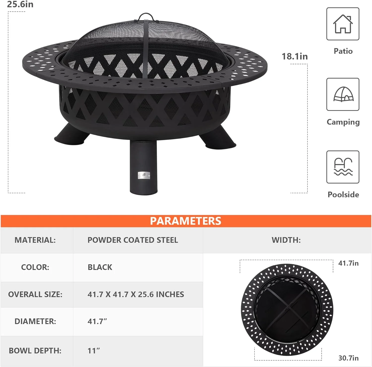 SUNCREAT 42” Patio Fire Pit Wood Burning with Mesh Spark Screen, Bonfire Outdoor firepit with Fireplace Poker, Black