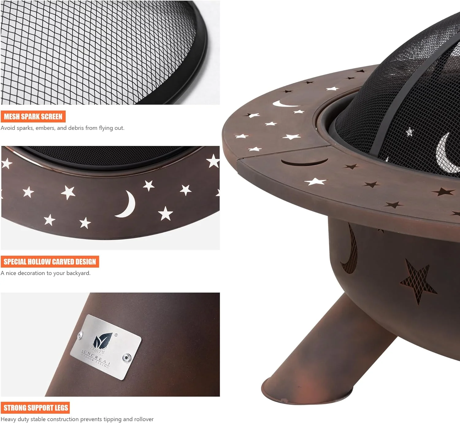 SUNCREAT 42” Patio Fire Pit Wood Burning with Mesh Spark Screen, Bonfire Outdoor firepit with Fireplace Poker, Black