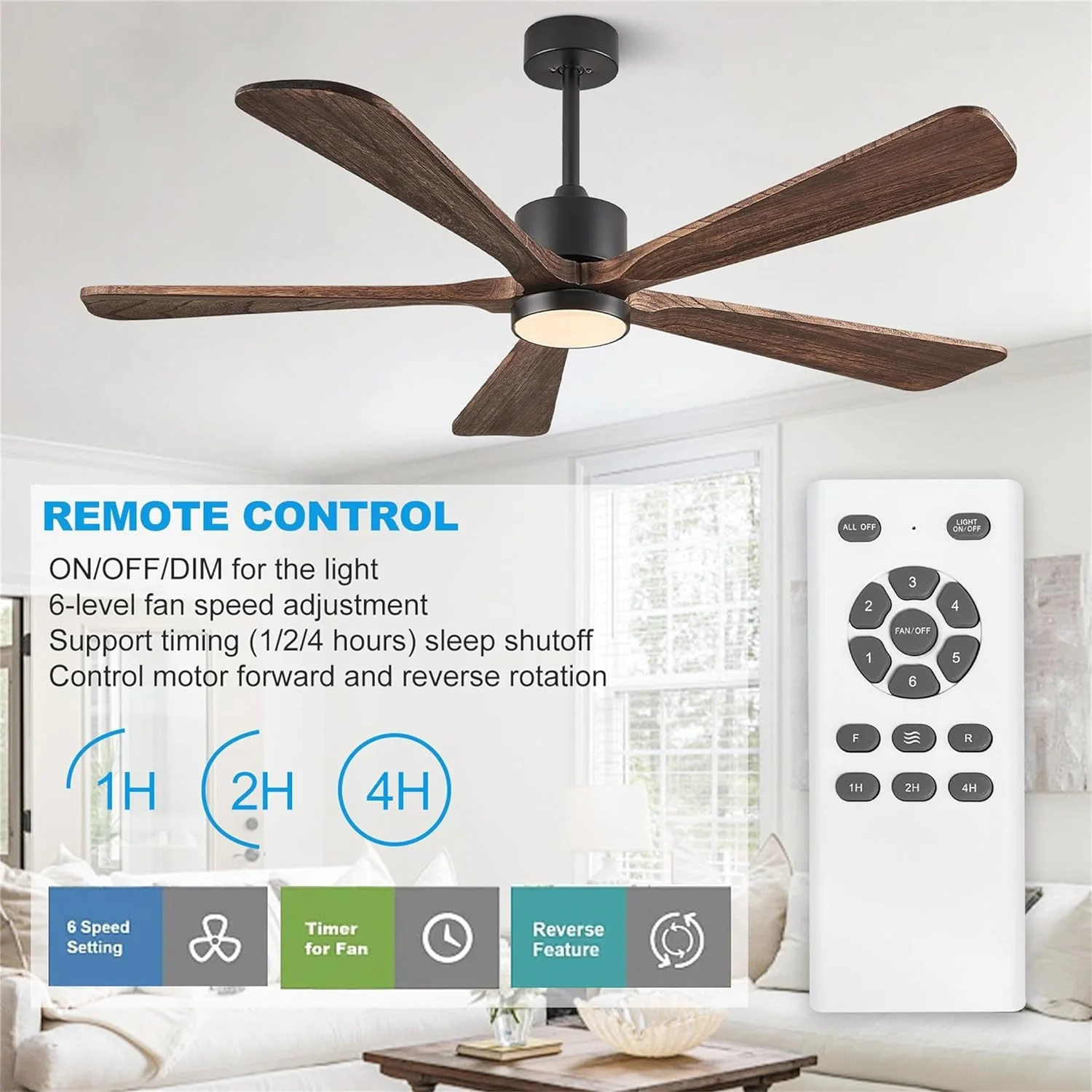 Ceiling Fans with Lights, 60 inch Outdoor Ceiling Fans with Lights for Patio and Remote Control, Modern Ceiling Fan with Light, 5 Solid Wood Blades 6-Speed Reversible DC Motor (Dark Brown)