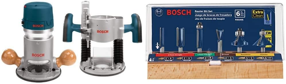 BOSCH 1617EVSPK Wood 12 Amp Router Tool Combo Kit - 2.25 Horsepower Plunge Router & Fixed Base with a Variable Speed