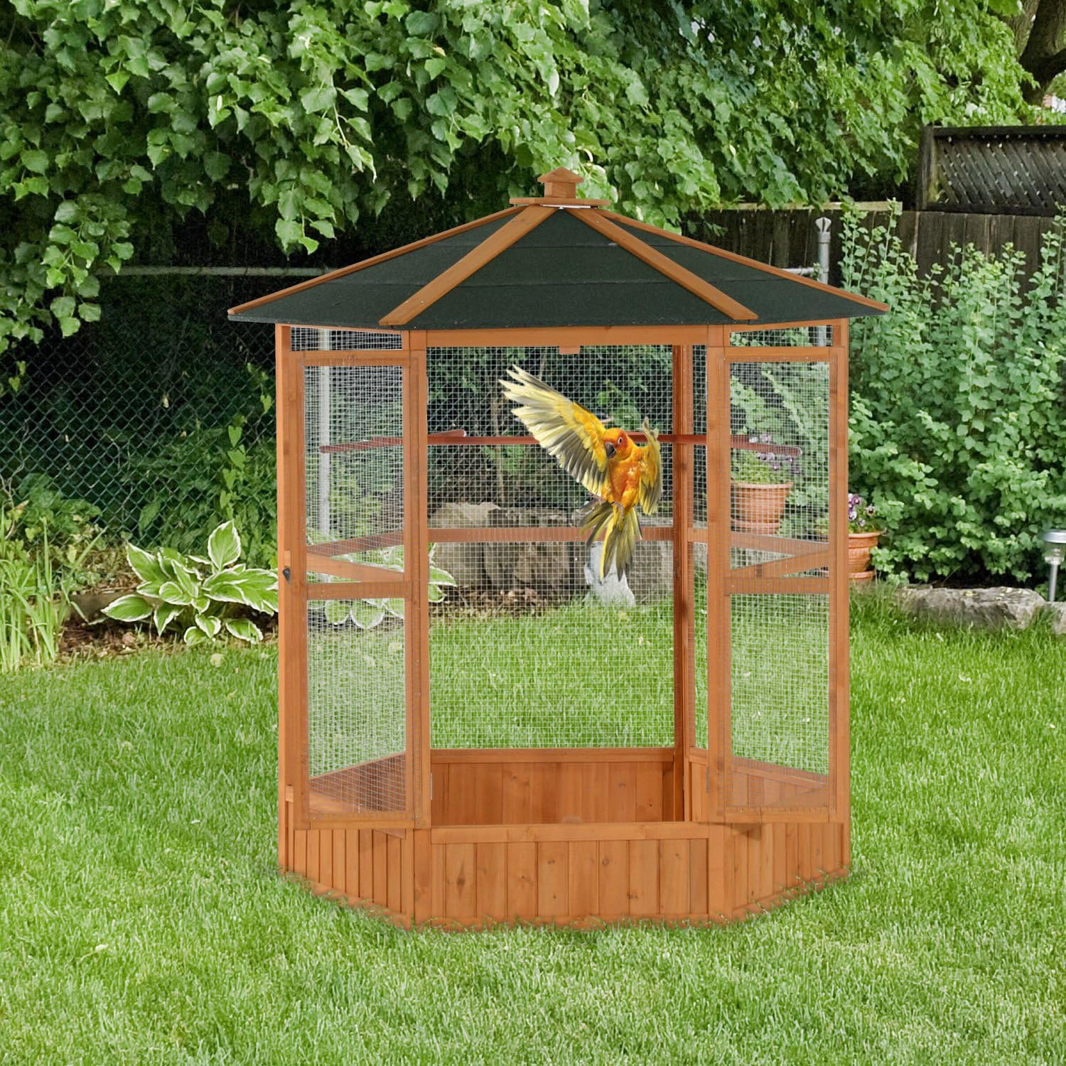Large Wooden Hexagonal Outdoor Aviary Flight Bird Cage with Covered Roof