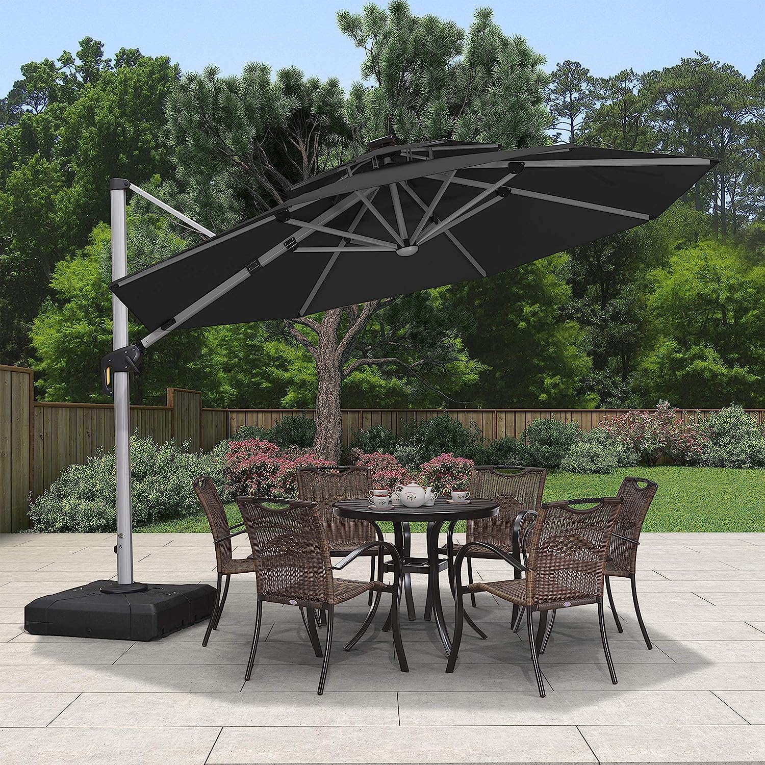 12ft Solar LED Patio Umbrella Outdoor Round Umbrella Large Cantilever Umbrella with LED Lights Windproof Bias Umbrella Heavy Duty Parasol for Garden Deck Pool Patio