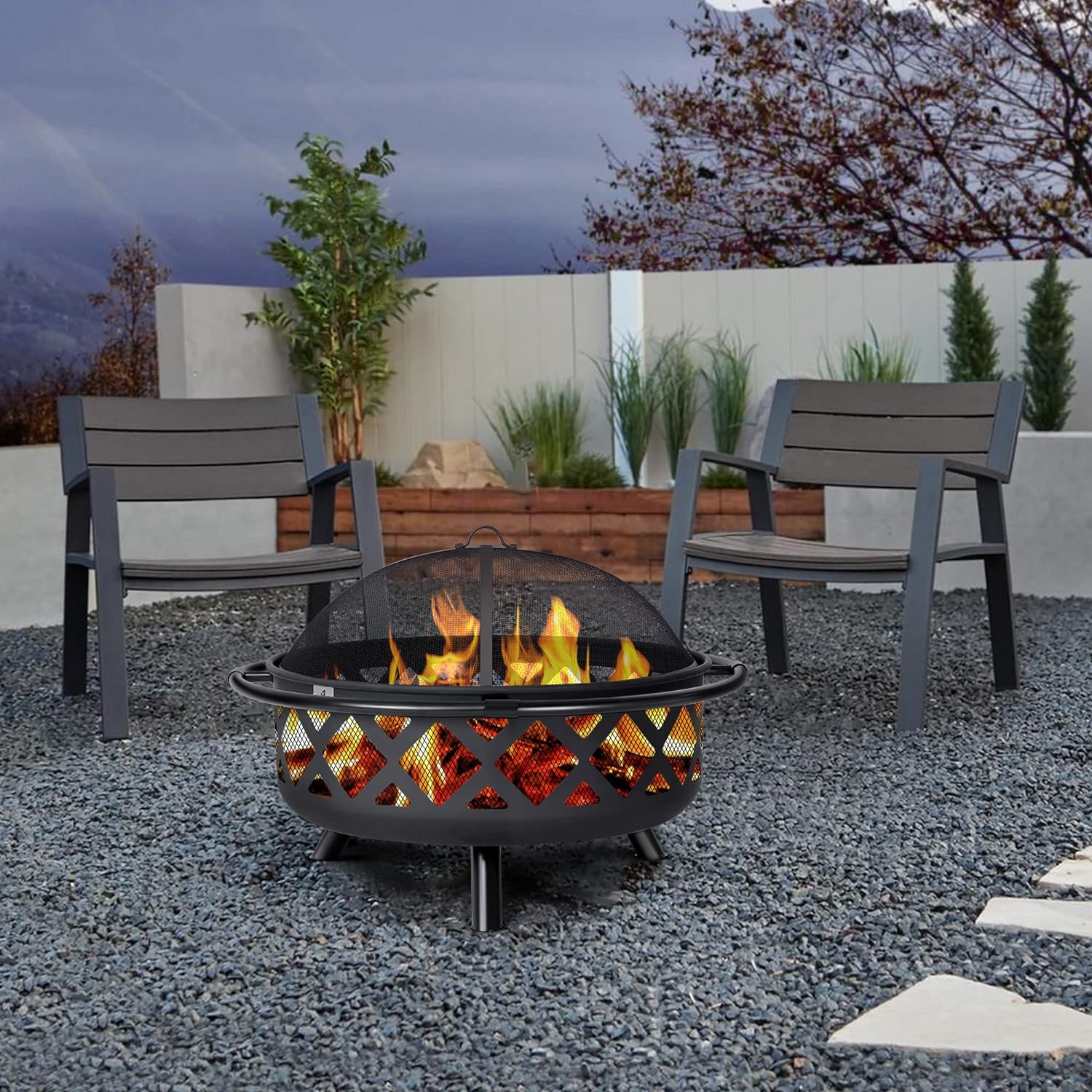 SUNCREAT 42” Patio Fire Pit Wood Burning with Mesh Spark Screen, Bonfire Outdoor firepit with Fireplace Poker, Black