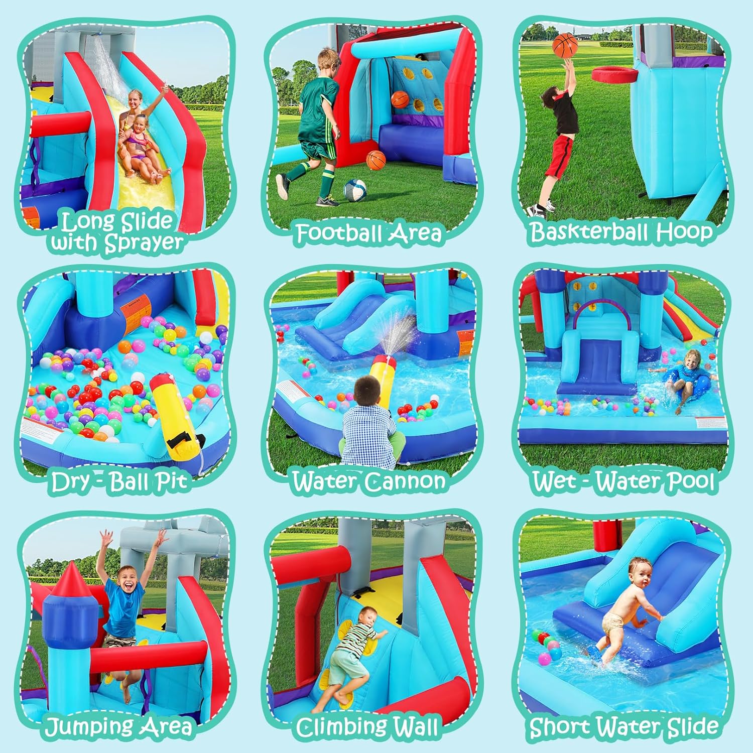 Inflatable Water Slides for Kids 8-in-1 Bounce House Water Park with 450W Blower Climbing Wall, Splash Pool, 2 Water Cannons, Basketball Hoop, Water Slide, Crocodile Sprinkler for Gift Backyard Party